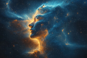 Poster - A nebula resembling a face, glowing brightly in space with intricate patterns of gas and stardust,