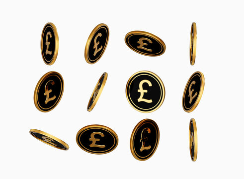 Falling Golden And Black British Pound Rounded Coins Isolated On White Background 3d Illustration