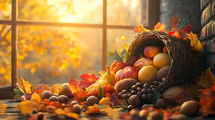 Canvas Print - A cornucopia brimming with colorful fruits and vegetables, surrounded by autumn leaves and acorns, placed on a table near a window with the golden light of a setting sun filtering through,