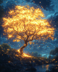 Poster - A fantastical tree with shimmering leaves, each in the form of a unique symbol, glowing softly,