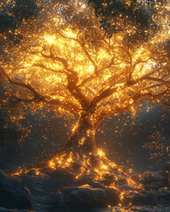 Poster - A fantastical tree with shimmering leaves, each in the form of a unique symbol, glowing softly,