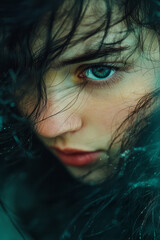 Poster - A surreal abstract portrait conveying sadness, with muted tones and flowing lines representing deep emotion,