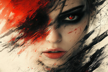 Poster - A bold, abstract portrait of anger, with sharp lines and explosive bursts of red and black hues,