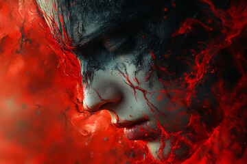 Leinwandbilder - A bold, abstract portrait of anger, with sharp lines and explosive bursts of red and black hues,