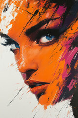 Poster - A dynamic abstract portrait expressing excitement, with energetic strokes of bright colors and sharp geometric shapes,