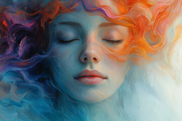 Poster - An abstract emotional portrait of calmness, with soft, flowing shapes in pastel colors forming a serene expression,