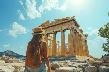 Young female tourist looking at Parthenon Athens greece temple