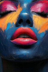 Poster - An expressive abstract portrait of surprise, with wide strokes and vibrant, popping colors in a dynamic flow,