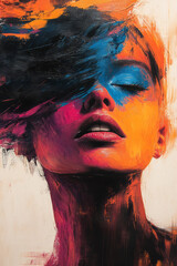 Poster - An expressive abstract portrait of surprise, with wide strokes and vibrant, popping colors in a dynamic flow,