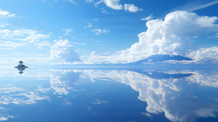 Poster - Stunning Reflection of Clouds on a Calm Lake with a Mountain in the Distance