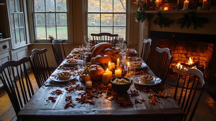 Poster - A cozy farmhouse Thanksgiving table decorated with autumn leaves, candles, and pumpkins, set for a feast with a roasted turkey, mashed potatoes, and pies,