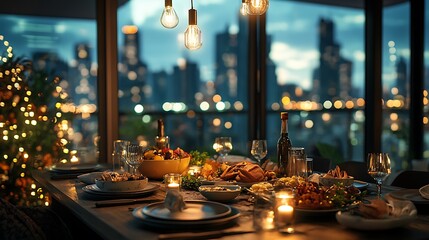 Poster - A cozy Friendsgiving dinner in a modern apartment, with friends gathered around a table filled with Thanksgiving dishes, candles flickering, and a view of the city skyline through the windows,