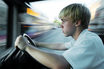 Focused young driver behind the wheel, blurred motion background, street driving, concentration concept