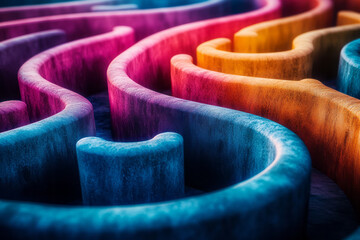 Poster - A vibrant maze of interconnected pathways, symbolizing the complexity of consciousness in a swirl of colors,
