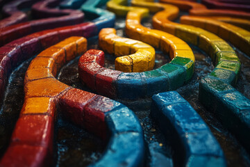 Poster - A vibrant maze of interconnected pathways, symbolizing the complexity of consciousness in a swirl of colors,