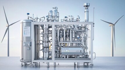 Poster - Biofuel processing plant with wind turbines in background, renewable energy