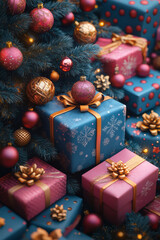 Poster - A vibrant collection of bold-colored presents stacked around a Christmas tree, in a joyful 3D holiday setting,