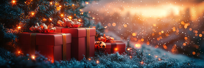 Poster - Playful wrapped gifts with bold ribbons, nestled under a twinkling Christmas tree, in a vibrant 3D illustration,