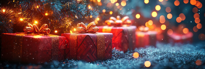 Poster - Playful wrapped gifts with bold ribbons, nestled under a twinkling Christmas tree, in a vibrant 3D illustration,