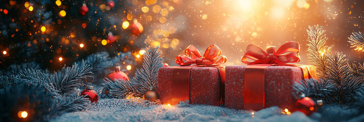 Poster - Playful wrapped gifts with bold ribbons, nestled under a twinkling Christmas tree, in a vibrant 3D illustration,