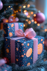 Poster - Playful, bold-colored gifts under a glowing Christmas tree, with vibrant wrapping and playful patterns in 3D,