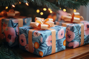 Poster - Watercolor-wrapped presents with vibrant, playful patterns resting beneath a glowing Christmas tree,