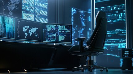 Poster - control room with monitors displaying fuel processing data, modern technology