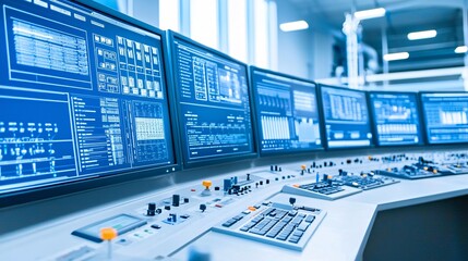 Poster - Control room with monitors displaying fuel processing data, modern technology
