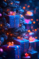 Poster - Playful, bold-colored gifts in watercolor style, gently placed around a glowing Christmas tree in a holiday scene,
