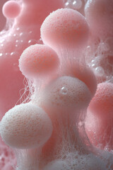 Fototapete - An arrangement of abstract 3D shapes with soft, spongy textures, interconnected by fine white strings,