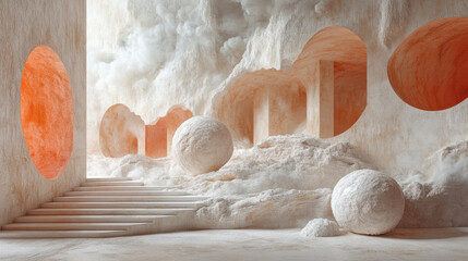 Fototapete - An arrangement of floating 3D forms with rough, textured surfaces, intertwined with delicate strings,