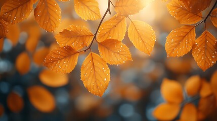 Wall Mural - Close-up of golden leaves with raindrops on a tree branch, sunlight in the background.