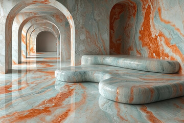 Fototapete - Floating 3D forms with smooth marble textures and subtle line art, blending pastel colors and shiny metal elements in a harmonious gradient,