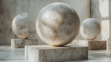 Fototapete - Floating 3D forms with spongy foam and rough paper textures, delicately contrasting with shiny metal and soft gradients in a serene composition,