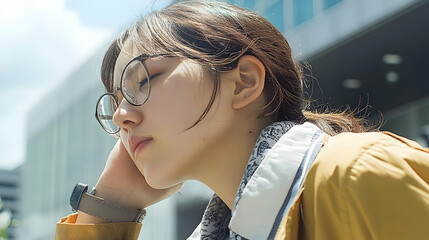 Wall Mural - Woman Wearing Glasses and a Yellow Jacket with Her Hand on Her Cheek