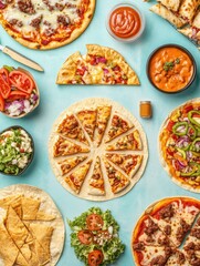 Poster - A delicious array of tacos and pizza is artistically arranged on a bright blue surface, showcasing vibrant ingredients and flavors. Generative AI