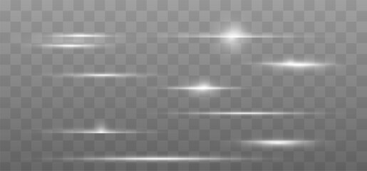 White horizontal lens flares pack. Laser beams, horizontal light rays. Beautiful light flares. Glowing streaks on light background. Light line effect White png.	
