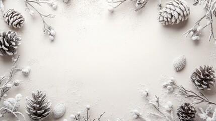 Leinwandbilder - Natural pine cones and frosted twigs are artistically placed on a soft white surface, creating a serene winter aesthetic. This arrangement conveys a cozy, seasonal vibe suitable for decorating.