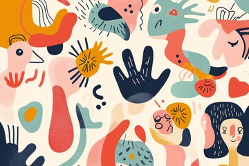 Leinwandbilder - Colorful abstract artwork featuring playful shapes and faces created with bold lines and vivid colors in a lively composition