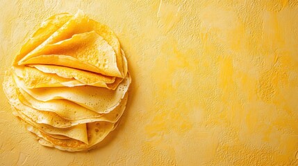 Poster - Deliciously golden crepes stacked neatly on a textured yellow background, perfect for breakfast or dessert inspiration. Generative AI