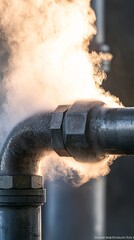 Poster - Close-up of refinery pipes, hot steam rising, fuel processing in action