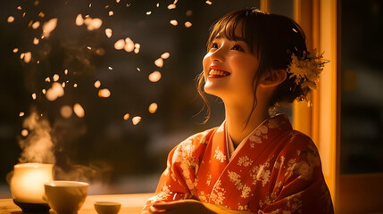 Sticker - A Woman in a Kimono Smiles as Petals Fall Around Her