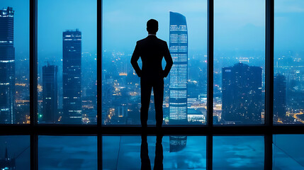 businessman standing confidently in front of large window overlooking city skyline at night, showcasing sense of ambition and determination