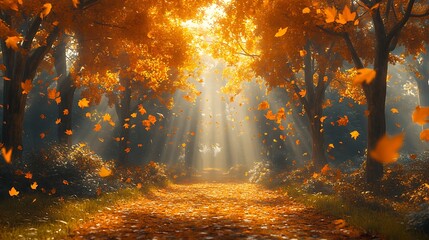 Wall Mural - A peaceful holiday scene with vibrant autumn leaves falling in a forest, soft rays of sunlight piercing through the canopy, golden hues illuminating the path ahead, a quiet and serene autumn day.