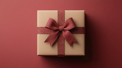 beautifully wrapped holiday gift box with red ribbon sits against warm background, evoking feelings of joy and celebration. Perfect for festive occasions