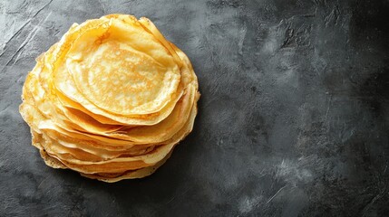 Poster - A tempting stack of golden crepes awaits on a dark surface, perfect for indulgence at breakfast or as a delightful dessert. Generative AI