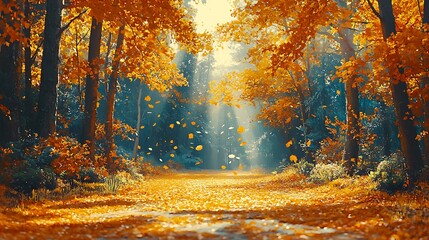 Wall Mural - A peaceful holiday scene with vibrant autumn leaves falling in a forest, soft rays of sunlight piercing through the canopy, golden hues illuminating the path ahead, a quiet and serene autumn day.