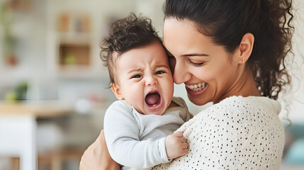 Rearview of the mother holding her newborn infant baby, young mom or female parent bonding together with her crying child. Unhappy and sad baby screaming, frustrated and hungry son or daughter, upset