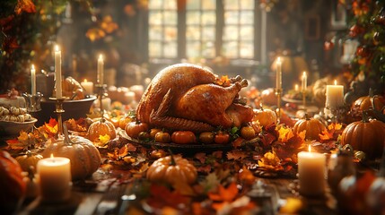 Poster - A rustic farmhouse Thanksgiving table decorated with autumnal elements like pumpkins, candles, and colorful leaves, a large roasted turkey at the center, warm golden light illuminating the scene,