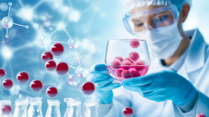 Poster - A researcher in a lab coat and protective gear examines a glass vessel containing colorful solutions, focused on molecular analysis and experimentation